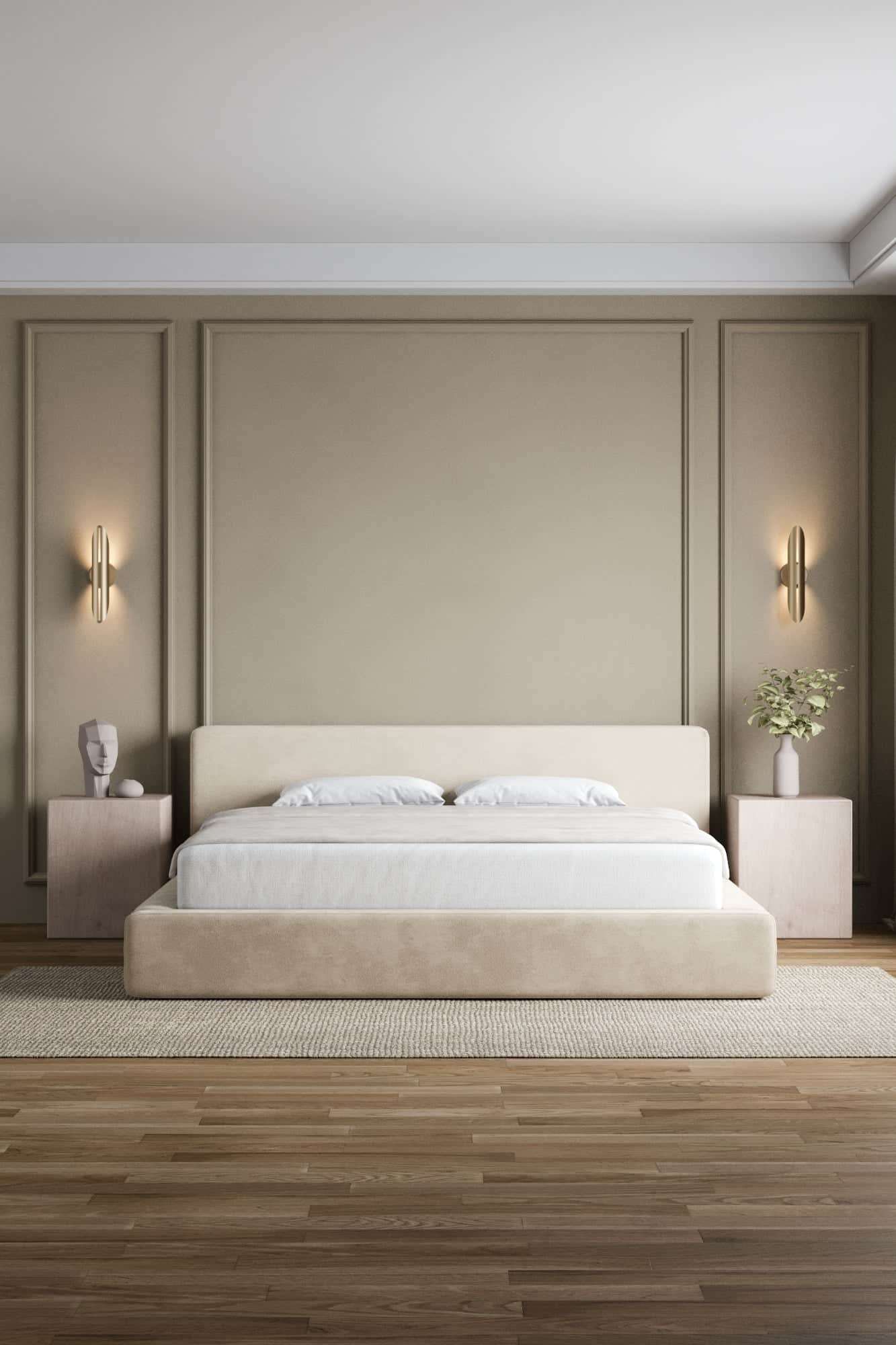 A modern upholstered platform bed featuring a minimalist design. The bed includes a low-profile fram… — 3D model