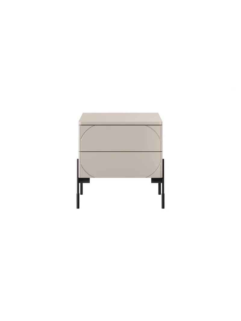 A modern, light-colored nightstand featuring two drawers with integrated semicircular routed details… — 3D model