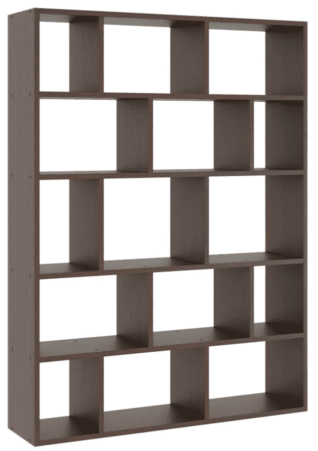 A freestanding, modular bookshelf with a dark brown wood grain finish. It features multiple open cub… — 3D model