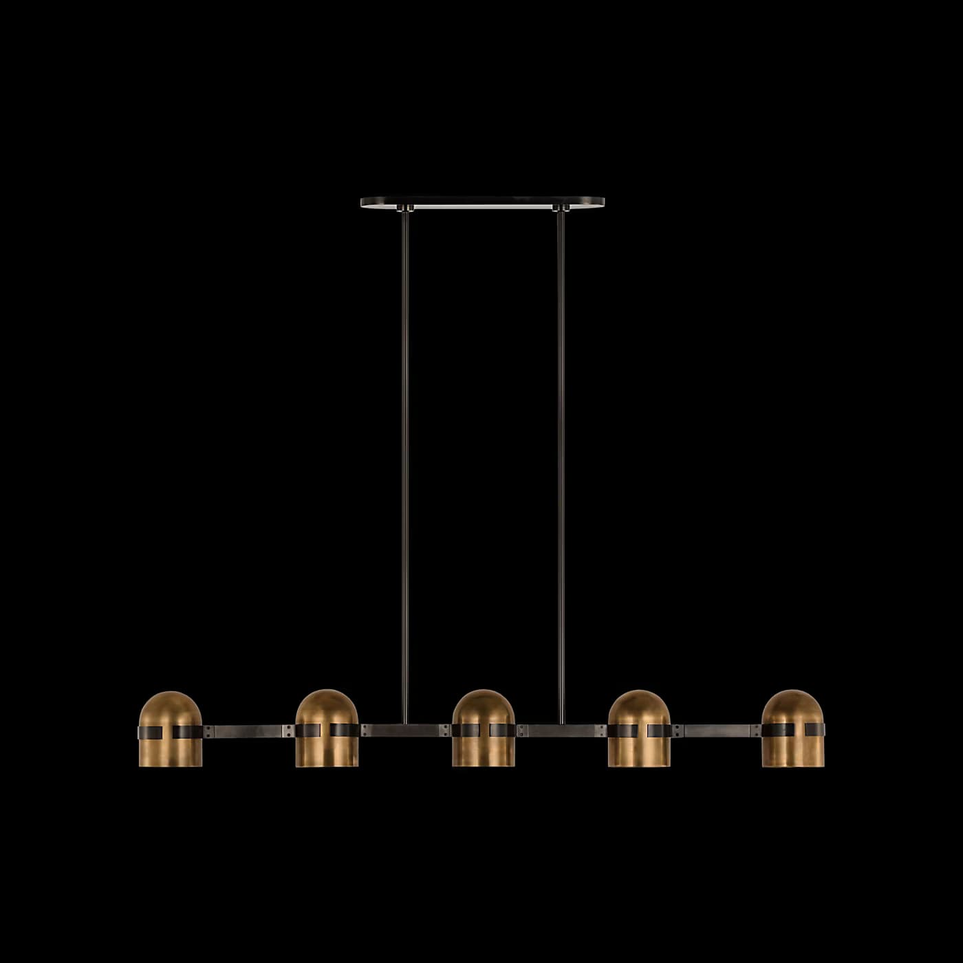 A contemporary linear pendant light featuring a dark metal frame and five individual dome-shaped brass shades. The fixture is suspended from the ceiling by two dark metal rods, connecting to a rectangular ceiling plate. Each brass shade is secured by a dark metal band, contributing to an industrial yet refined aesthetic. — 3D model