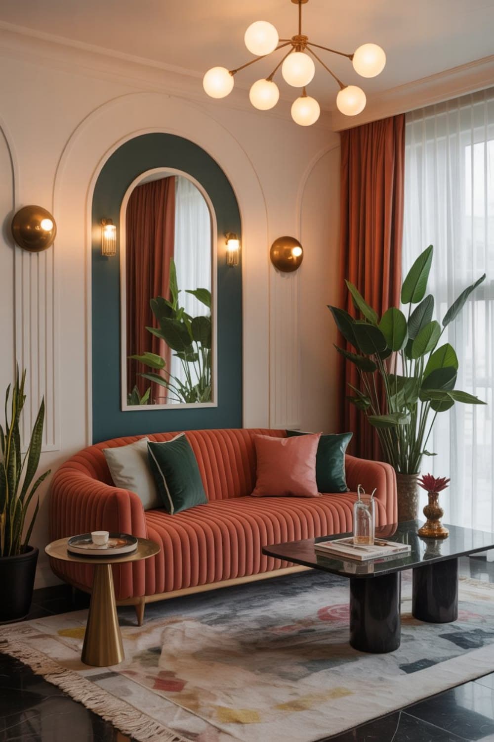 A contemporary channel-tufted loveseat upholstered in coral velvet, featuring a curved back and arms, supported by dark tapered wooden legs. It is adorned with three accent pillows in varying shades. — 3D model