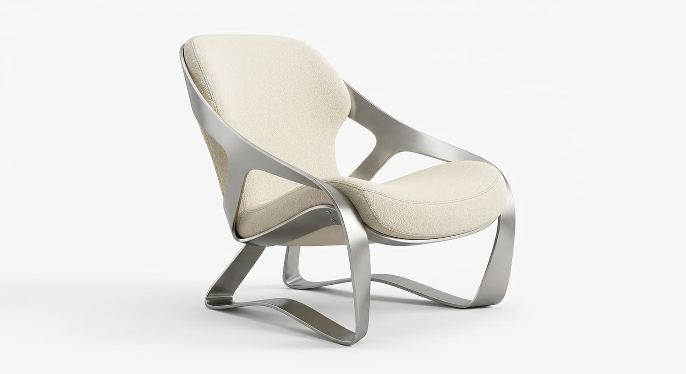 A contemporary lounge chair featuring a distinctive sculptural frame made of brushed metal, supporting upholstered seat and back cushions. The frame forms continuous, flowing lines that serve as both the legs and armrests, creating an open and airy aesthetic. The cushions are upholstered in a light, textured fabric, complementing the metallic finish of the frame. The design emphasizes modern aesthetics and ergonomic form. — 3D model