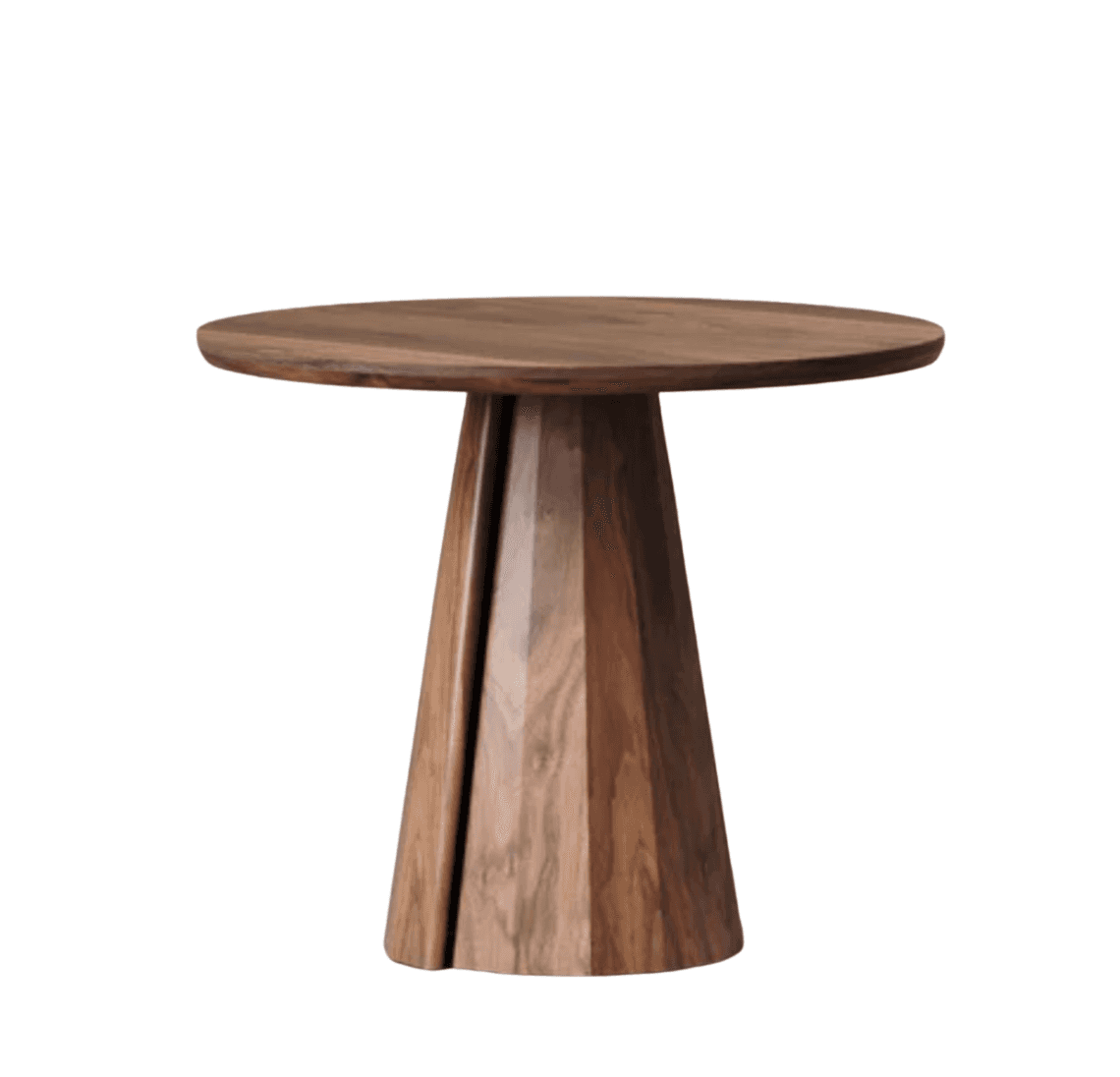 A round-top side table with a sculpted, faceted pedestal base. The table exhibits a natural wood gra… — free STL 3D model