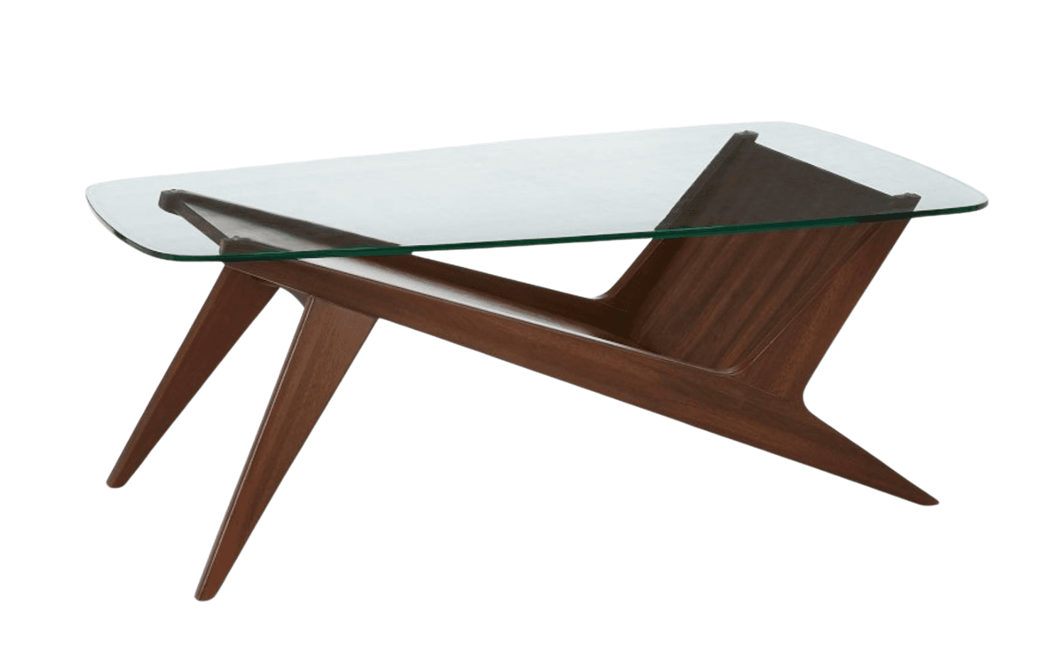 A Mid-Century Modern coffee table featuring a sculptural, dark wood base and a rectangular clear glass top. The base is an asymmetrical design with splayed, tapered legs. — 3D model