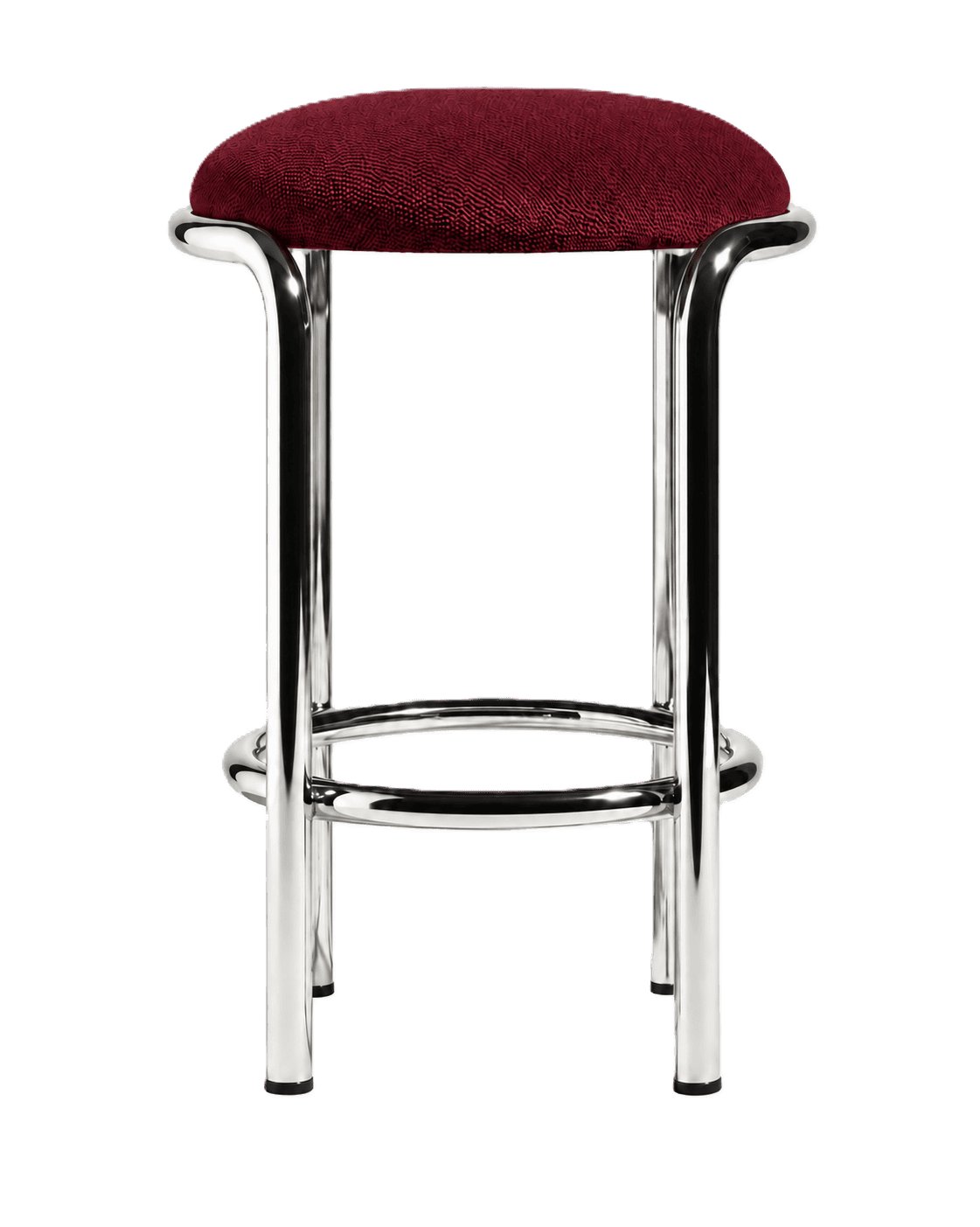 A modern bar stool featuring a round, upholstered seat in a rich red fabric, supported by a polished… — 3D model