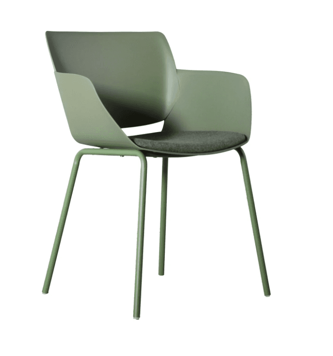 A modern armchair featuring a molded polypropylene shell in a muted olive green color, supported by a minimalistic four-legged metal frame of the same hue. The seat is complemented by a fitted, removable cushion upholstered in a darker greyish-green fabric. The chair's design incorporates integrated armrests that flow seamlessly from the backrest, offering ergonomic support and a contemporary aesthetic. — 3D model