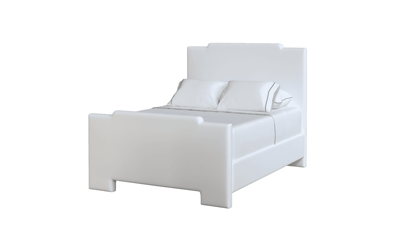 A modern platform bed with a distinctive panel headboard and footboard, presented in a crisp white finish with white bedding and subtle black striped accents on the pillows and sheets. — 3D model