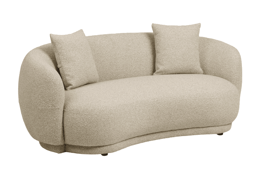 A contemporary, curved sofa upholstered in a textured, boucle-like fabric. It features rounded arms… — 3D model