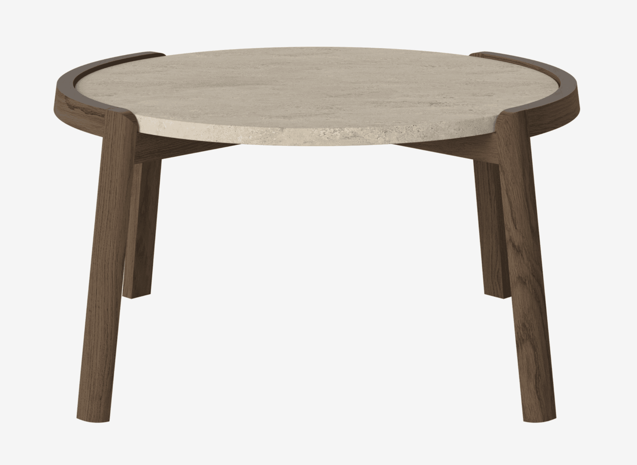 A contemporary round side table featuring a light beige travertine top encased within a dark brown wooden rim, supported by four splayed wooden legs. The design emphasizes natural materials and clean lines. — 3D model