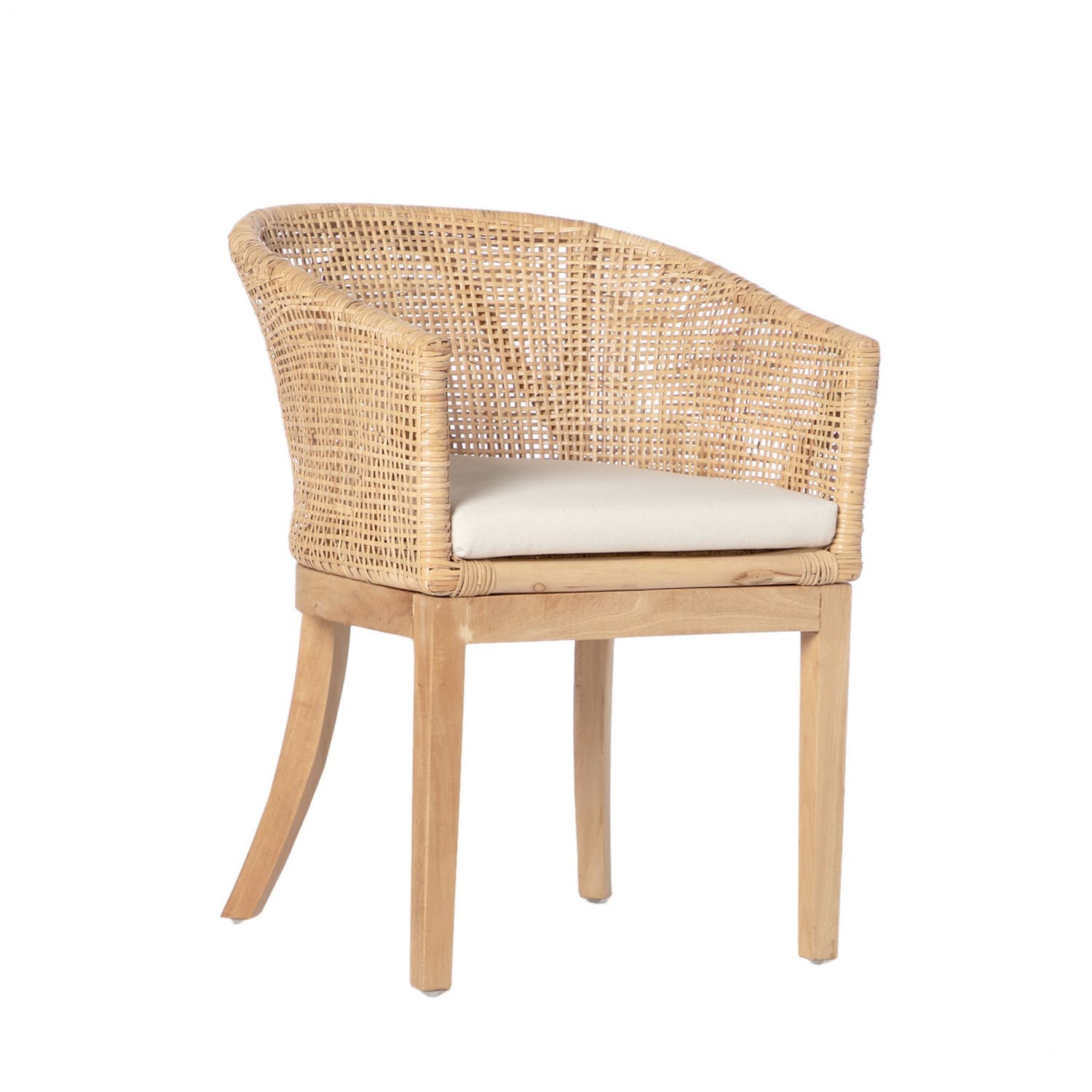 A natural rattan and wood armchair featuring a curved, woven backrest and integrated arms, a light wooden frame, and a beige seat cushion. — 3D model