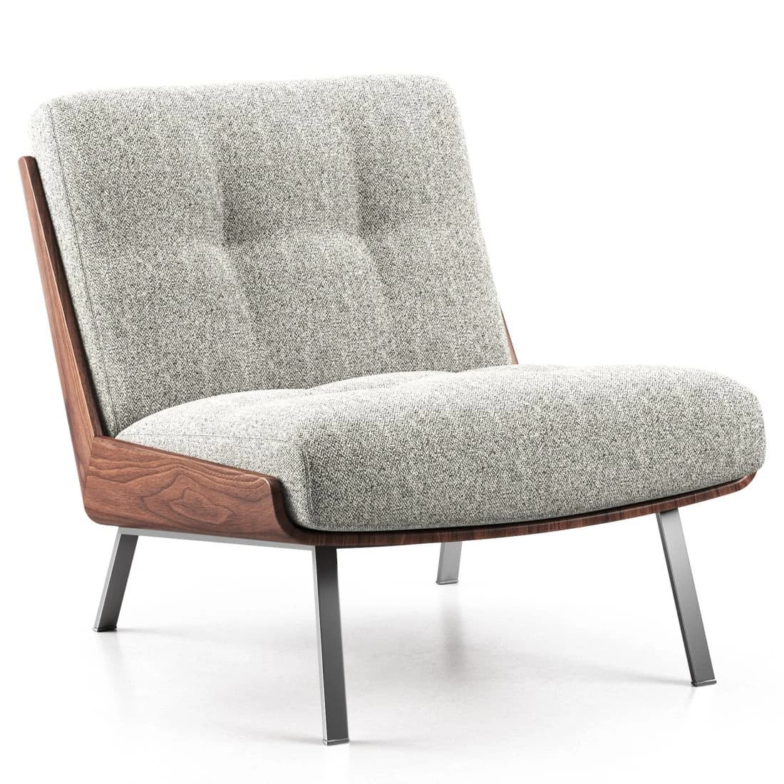 A contemporary lounge chair featuring a low-profile design, with a light grey textured upholstered seat and backrest, mounted within a dark bentwood frame, supported by slender, tapered metal legs. The backrest shows subtle button tufting. — 3D model