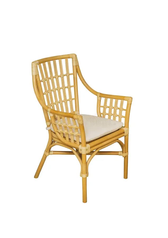 A natural rattan armchair with a light-colored seat cushion, featuring a curved backrest and slatted design. — 3D model