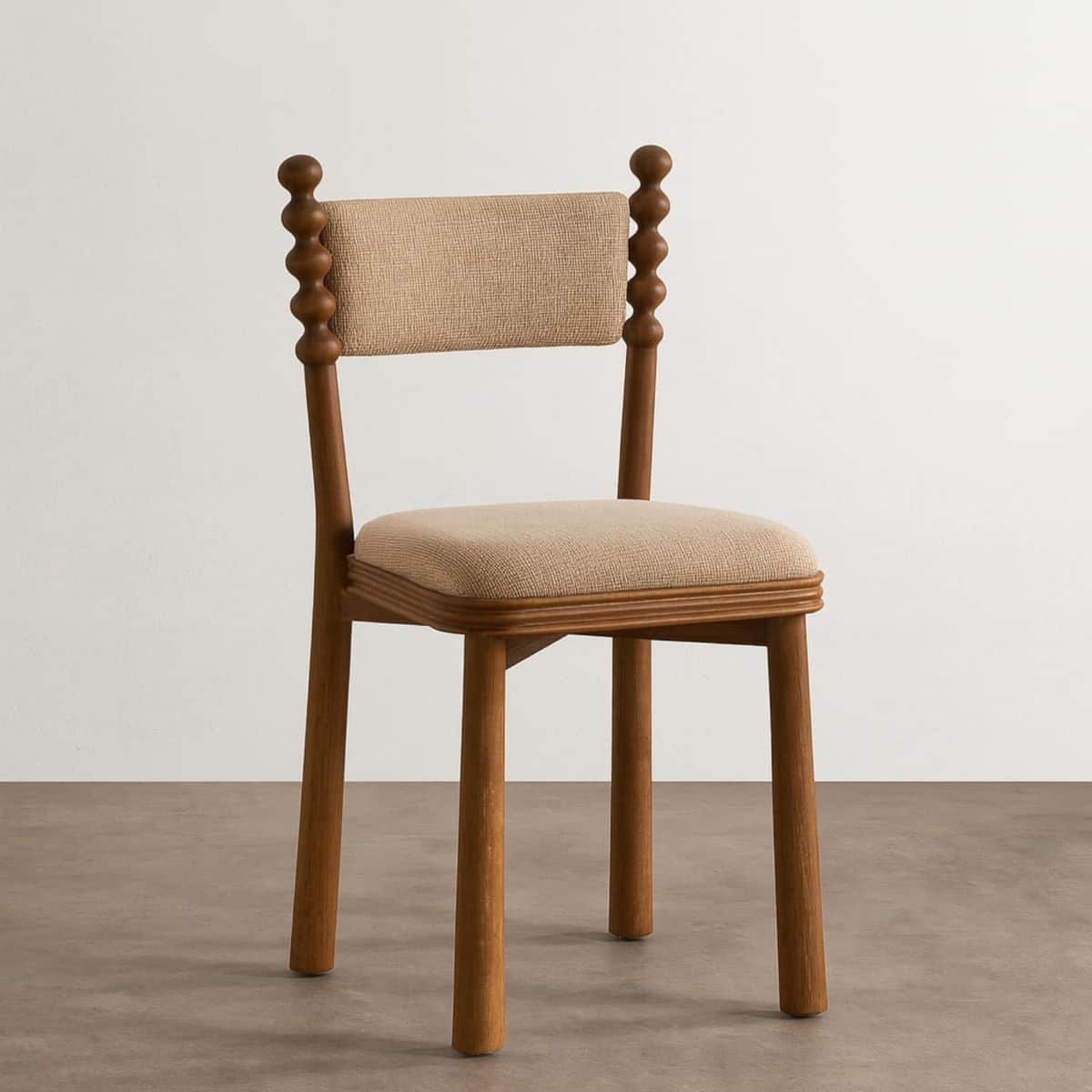 A wooden chair with a cushioned seat and backrest. The chair features turned wood spindles along the… — free GLTF 3D model