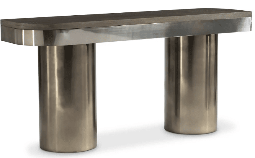 A console table featuring a rectangular top with rounded edges and two cylindrical pedestal legs. The tabletop appears to be made of wood with a dark stain, and it is supported by a polished metal frame that wraps around the edges. The legs are substantial, cylindrical structures with a brushed or satin metallic finish. — 3D model