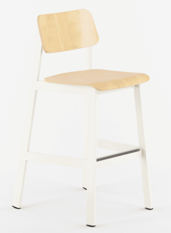 A modern bar stool featuring a white metal frame and light-toned wooden seat and backrest. It includes a footrest and exhibits a minimalist design. — 3D model