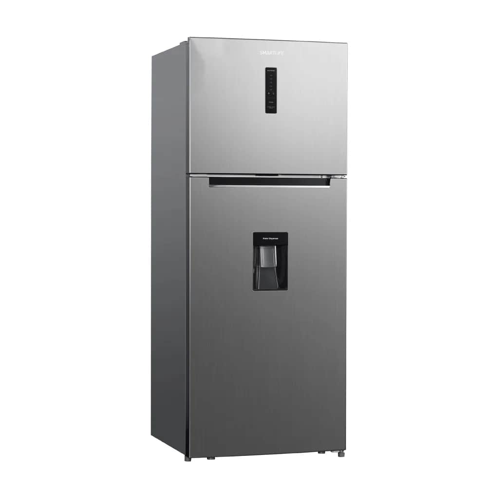 A modern, two-door refrigerator featuring a brushed stainless steel finish. The freezer compartment… — 3D model