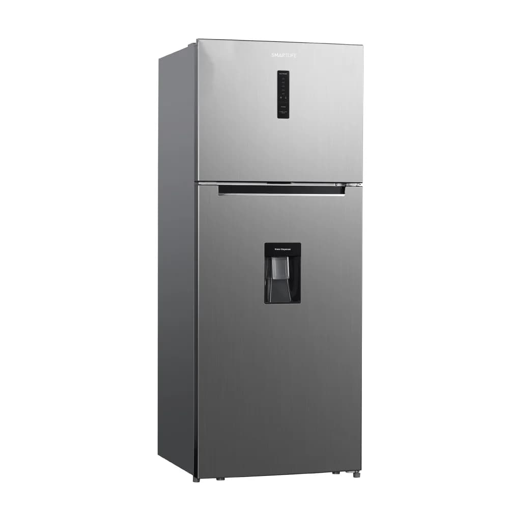 A modern, two-door refrigerator featuring a brushed stainless steel finish. The freezer compartment is located at the top, and the main refrigerator compartment is at the bottom. The lower door is equipped with an external water dispenser. Both doors have subtle, recessed integrated handles, contributing to a sleek, minimalist aesthetic. A small digital control panel is visible on the upper freezer door. — 3D model