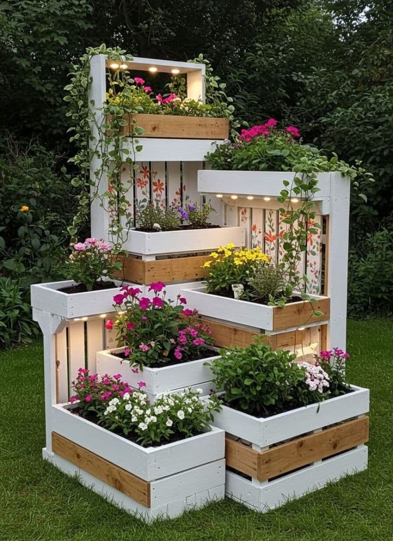 A multi-tiered wooden planter stand designed to display various plants and flowers. It features a stepped arrangement of planter boxes, constructed from a combination of white-painted wood and natural-finished wood accents. The unit incorporates integrated lighting elements within the structure, illuminating the plants. Some panels feature decorative floral patterns, and live plants with trailing vines are shown. — 3D model