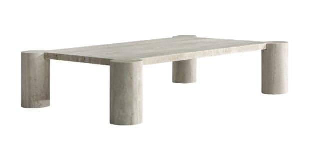 A low-profile rectangular coffee table crafted entirely from natural travertine stone. It features a thick, solid tabletop supported by four substantial cylindrical legs, creating a minimalist yet robust aesthetic. The stone exhibits a light, earthy color with natural veining and a textured finish. — 3D model