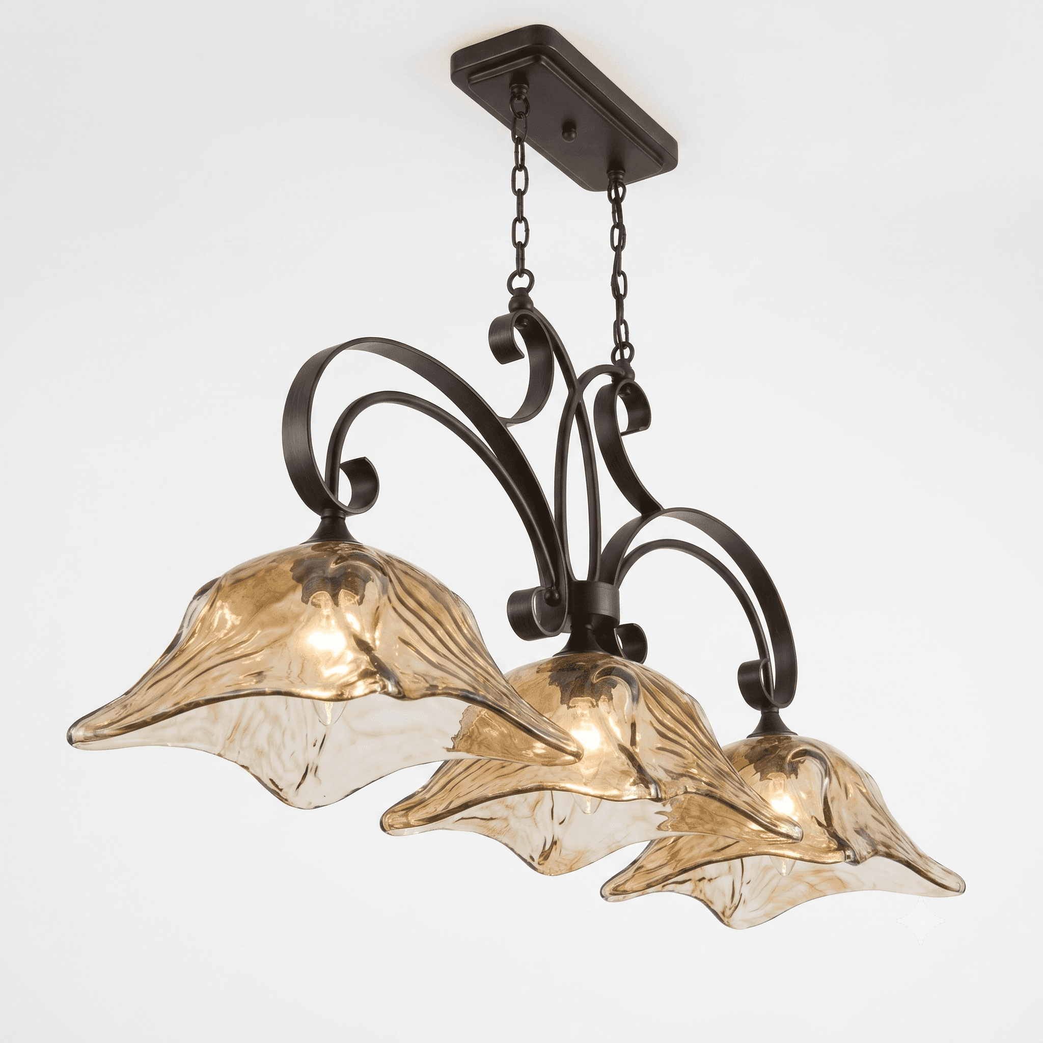 A multi-light chandelier featuring a dark bronze-finished metal frame with ornate scrollwork arms. I… — 3D model