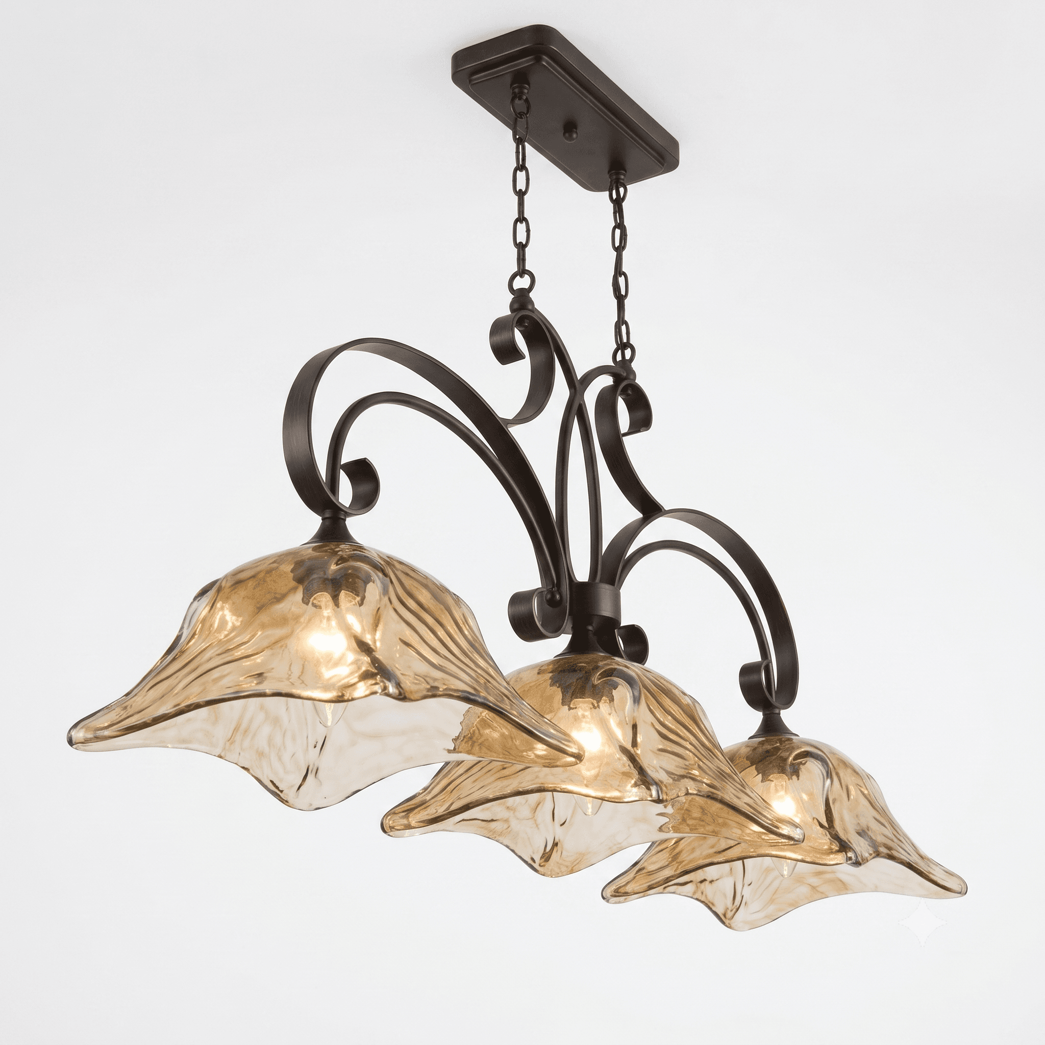 A multi-light chandelier featuring a dark bronze-finished metal frame with ornate scrollwork arms. It is suspended by chains from a rectangular ceiling canopy. The chandelier supports three bell-shaped light shades made of amber-colored art glass with a fluted or textured surface, designed to resemble flower petals. Each shade houses a single light bulb. — 3D model