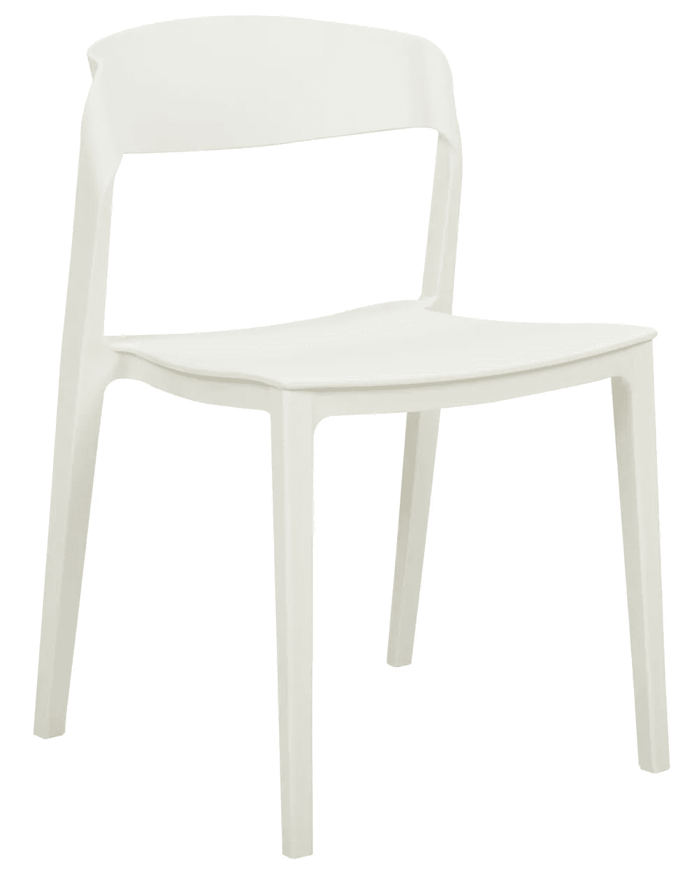 A modern white dining chair with a smooth, molded seat and backrest. The chair features four tapered legs and a minimalist design. The backrest has a subtle curve for comfort and is integrated into the seat structure. — 3D model