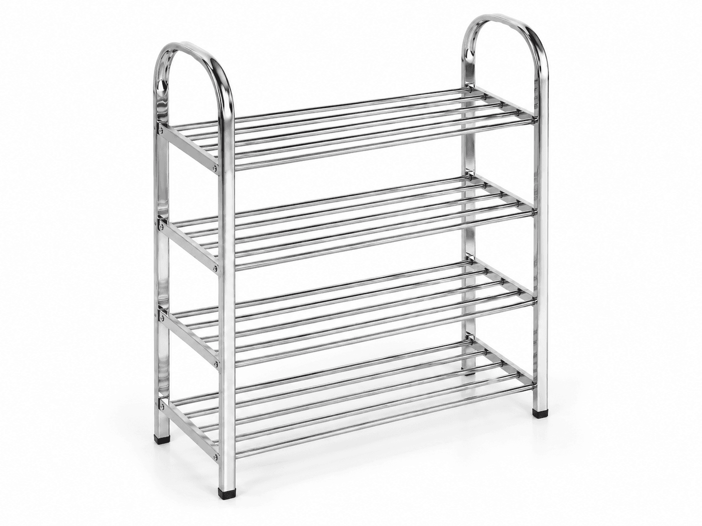 A modern, four-tier shoe rack constructed from chrome-plated metal, designed for organizing footwear… — 3D model
