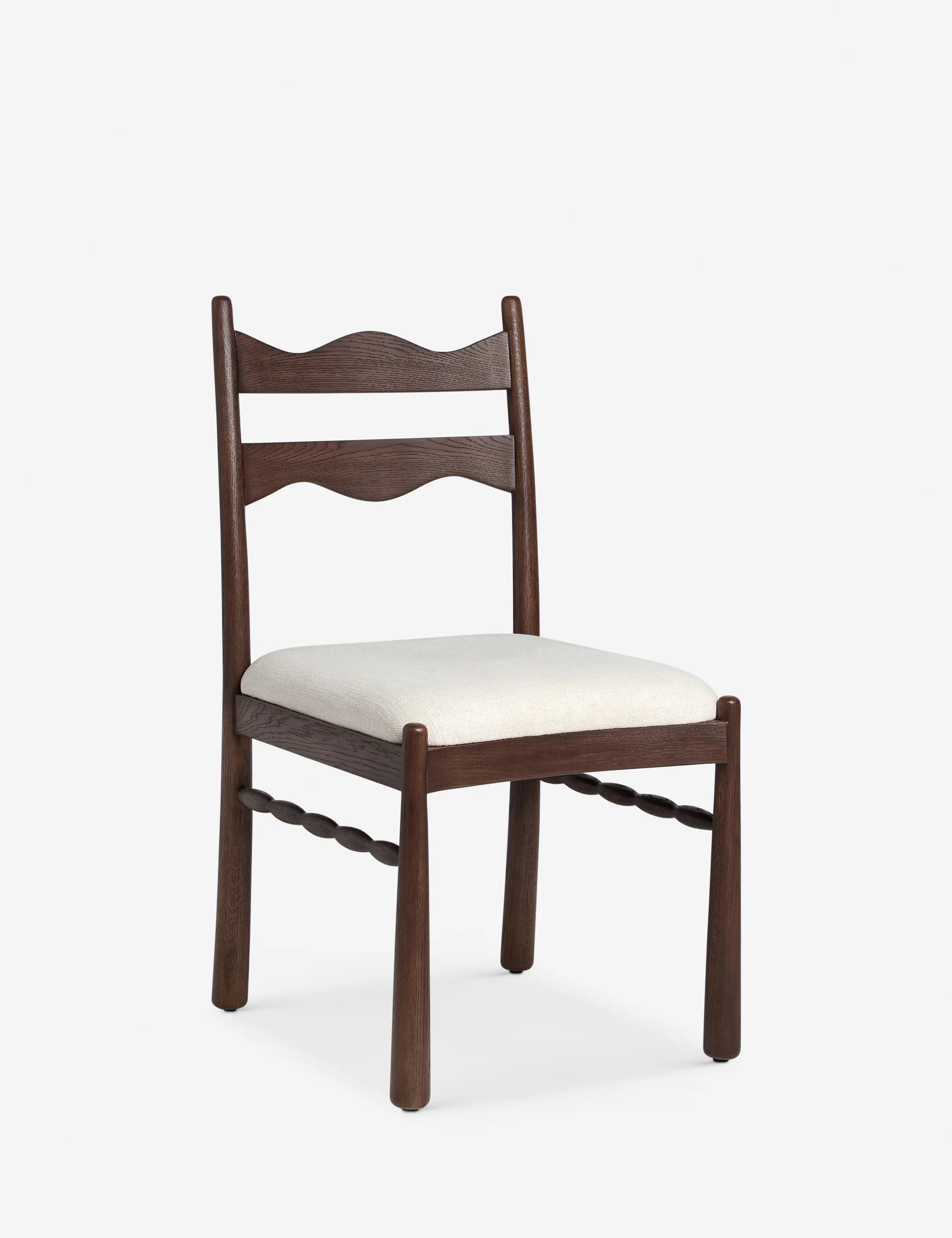 A dark stained wooden dining chair featuring a distinctive ladder-back design with two wavy slats. The chair has an upholstered, light-colored padded seat and a turned front stretcher, supported by four tapered legs. — 3D model