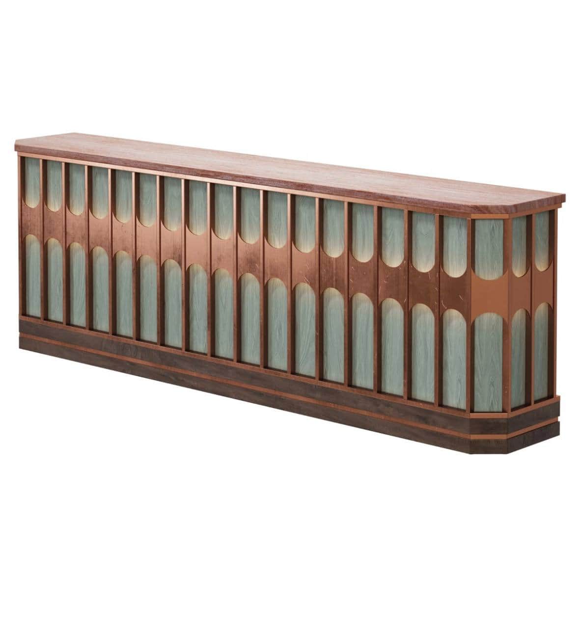 A long, rectangular bar cabinet featuring a flat wooden top and a robust base. The front facade is h… — 3D model
