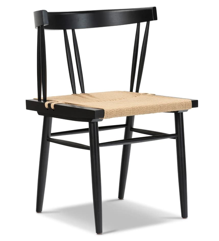 A modern dining chair featuring a matte black wooden frame and a natural woven rush seat. It has a spindle backrest with a curved top rail and tapered legs connected by stretchers. — 3D model