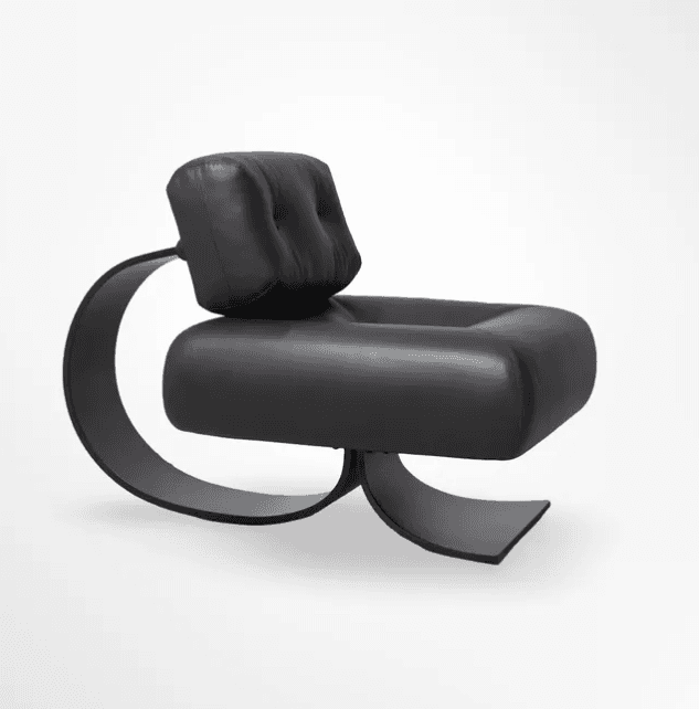A modern armchair with a sculptural design. The seat and back are upholstered in black leather with deep tufting on the headrest. The base is made of curved, matte black metal elements that provide a unique, cantilevered appearance. — 3D model