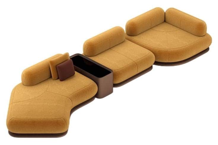 A contemporary, curved modular sectional sofa system featuring a mustard yellow textured fabric upho… — 3D model