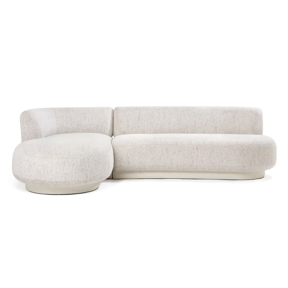 A contemporary modular sectional sofa, upholstered in a light, textured fabric, featuring a curved silhouette and an integrated chaise lounge. The sofa has a low, rounded profile with plush backrests and seats, resting on a recessed plinth base. — 3D model