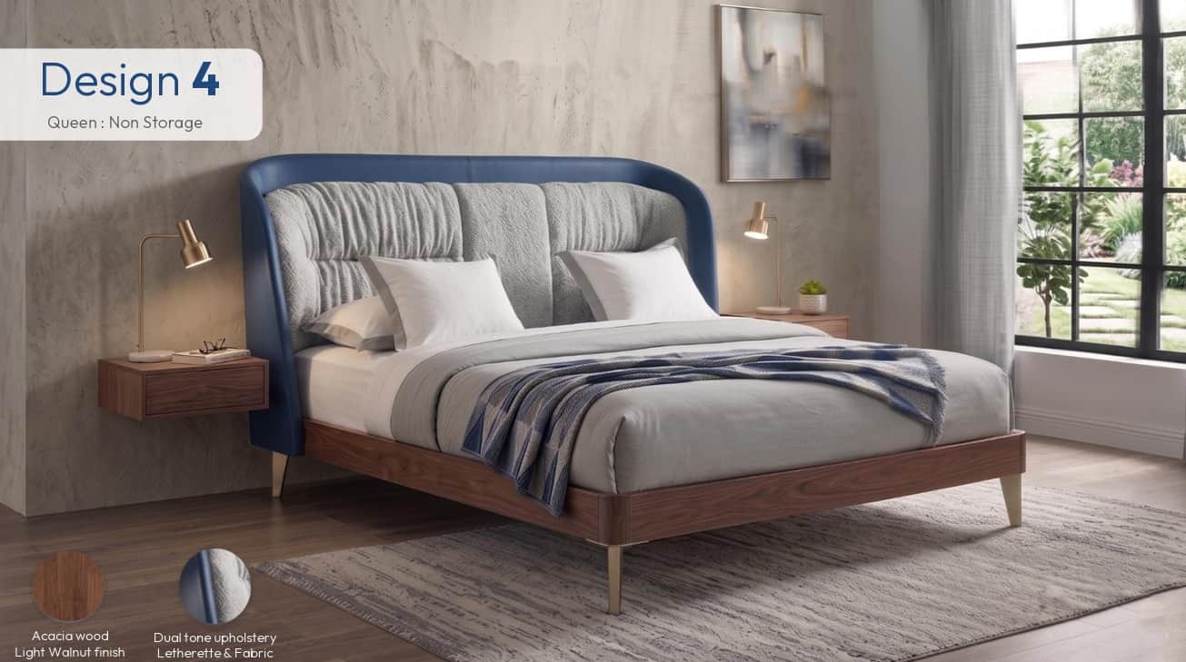 A modern bed featuring a distinctive two-tone upholstered headboard with a rich blue curved outer bo… — 3D model