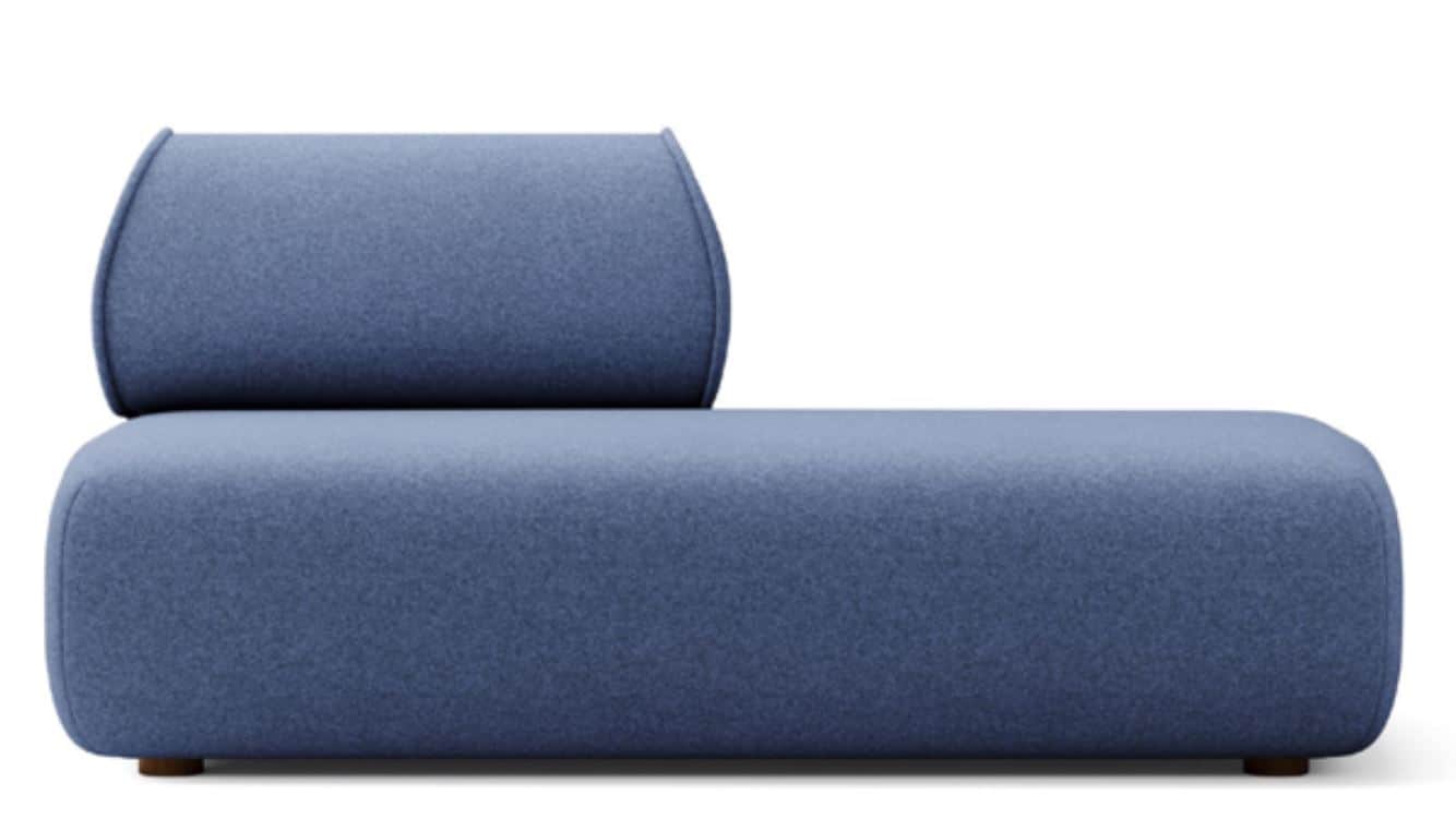 A modern, armless chaise lounge upholstered in a muted blue textured fabric, featuring a sleek, roun… — 3D model