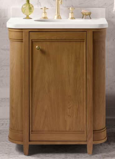 A freestanding bathroom vanity featuring a natural light-toned wooden cabinet with decorative paneli… — 3D model