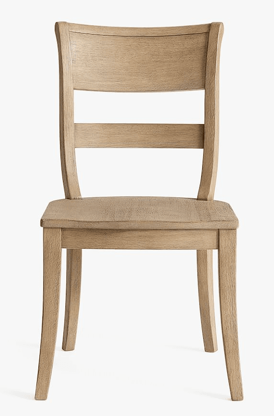A wooden dining chair with a curved backrest composed of two horizontal slats and a solid, sculpted seat. The legs are slightly tapered, and the overall construction suggests a natural wood finish. — 3D model
