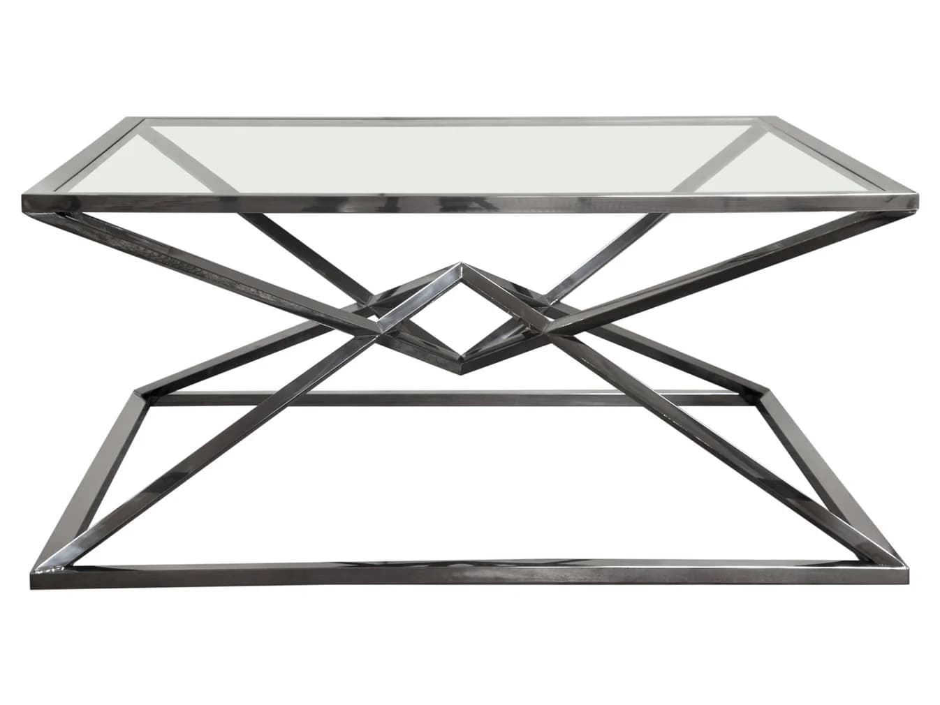 A contemporary square coffee table featuring a clear glass top supported by a sculptural dark gray metal base with an intricate geometric design. — 3D model