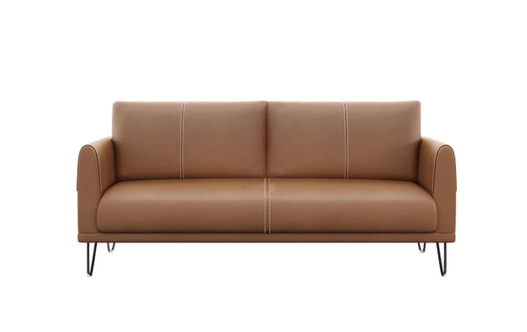 A contemporary two-seater sofa, also known as a loveseat, upholstered in tan-colored leather with visible double-stitched seams. It features a minimalist design with rounded, slightly rolled arms and a clean silhouette. The sofa is supported by slender, black metal hairpin legs, contributing to its modern aesthetic. It has two distinct seat cushions and two back cushions. — 3D model