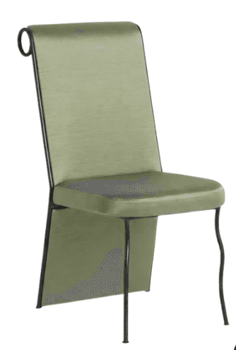 A contemporary side chair with an Art Deco aesthetic, featuring a dark metal frame and light green upholstered seat and back. The design includes slender, curved legs and a distinctive scrolled detail at the top of the backrest. — 3D model
