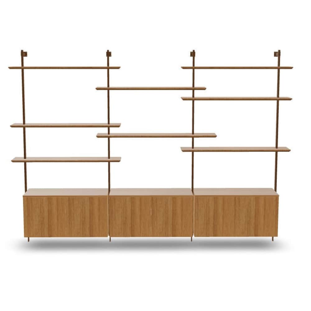 A modular wall-mounted bookshelf system featuring multiple horizontal shelves of varying lengths sup… — 3D model