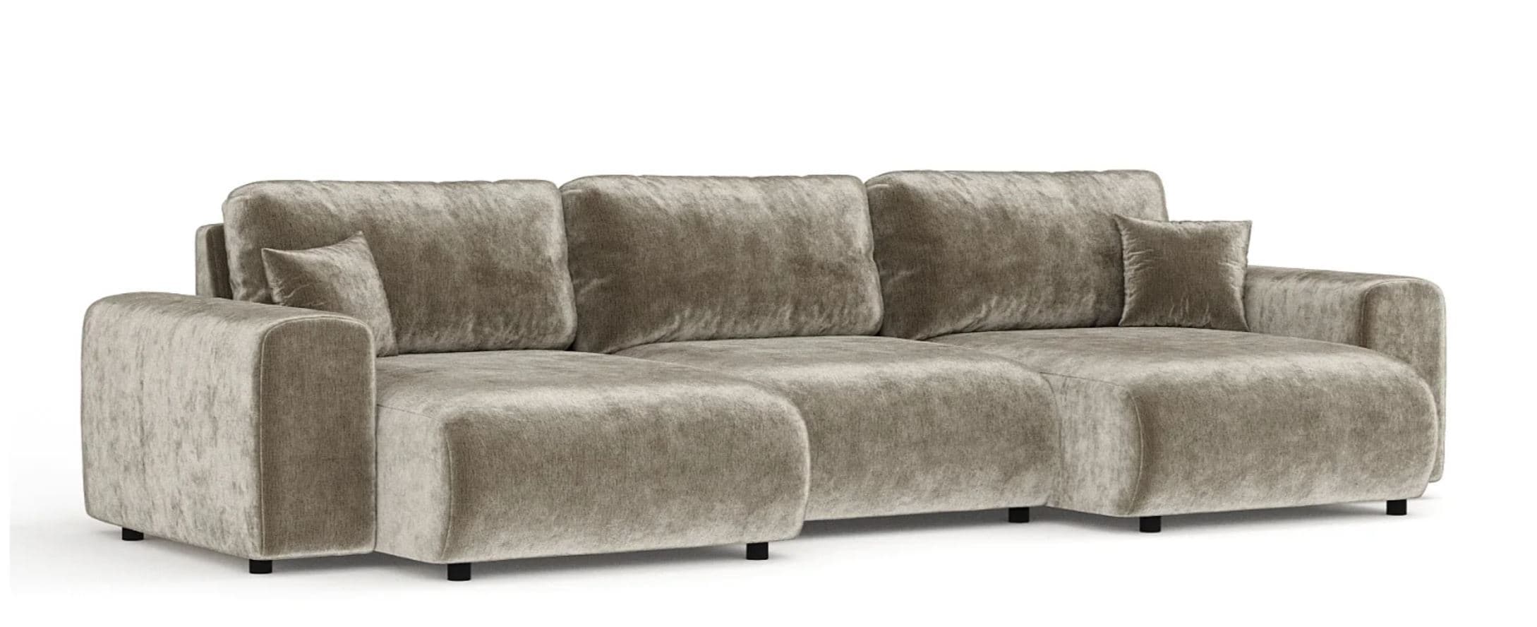 A modular sectional sofa with a low profile and deep seating. The sofa features plush, square cushions for the backrests and seat. It has a chaise longue section and appears to be upholstered in a soft, textured fabric. — 3D model