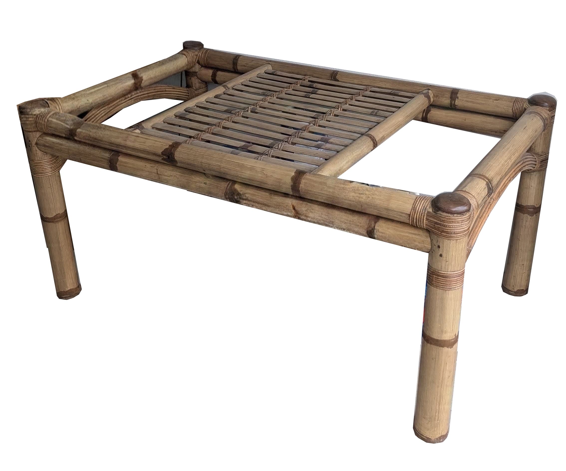 A rectangular low table constructed from natural bamboo culms and rattan, featuring a central slatted surface and open sections on its top. — 3D model