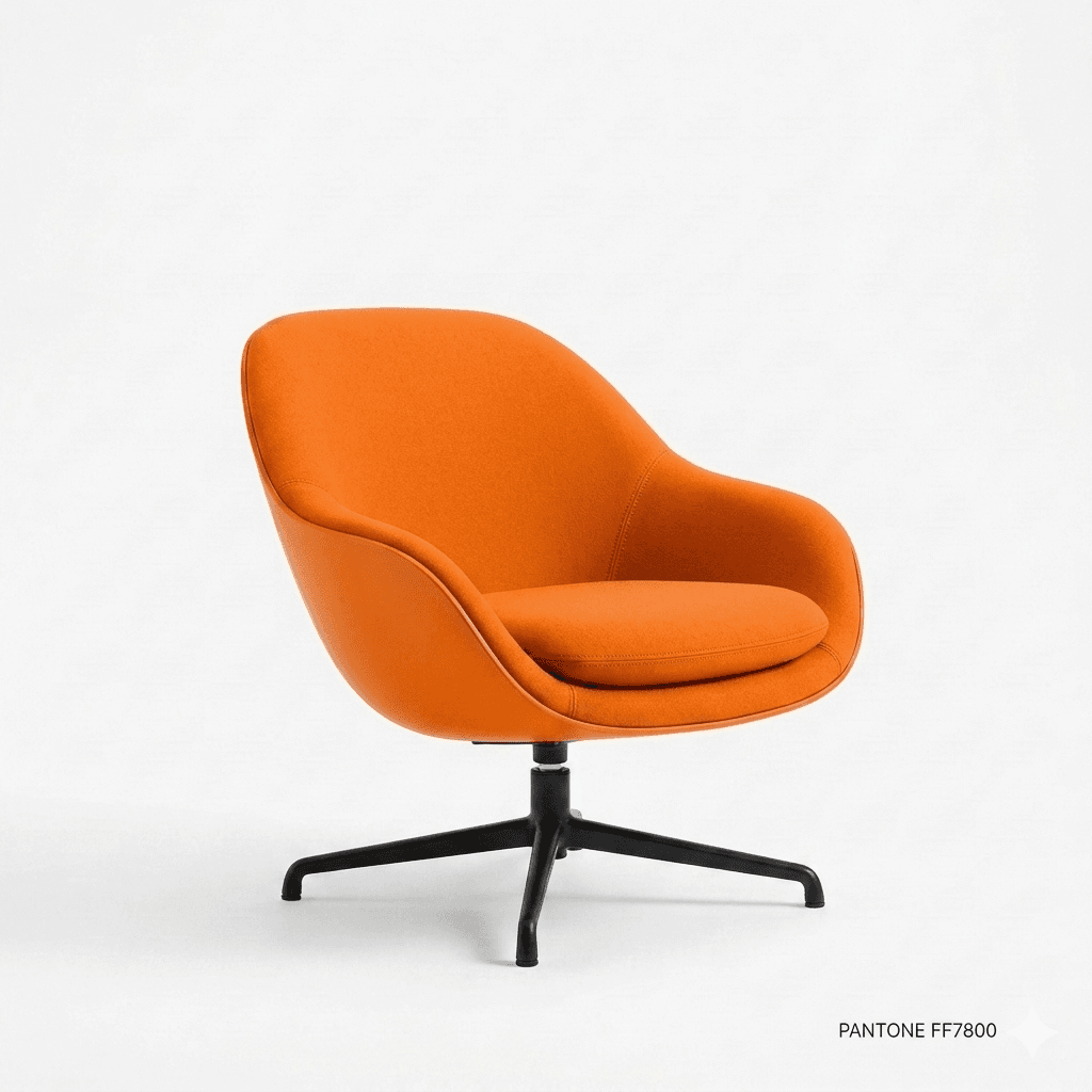 An orange upholstered armchair with a swivel base. The chair features a rounded shell design with integrated armrests and a separate seat cushion. The base is a black, four-legged swivel mechanism. The upholstery appears to be a textured fabric. — 3D model