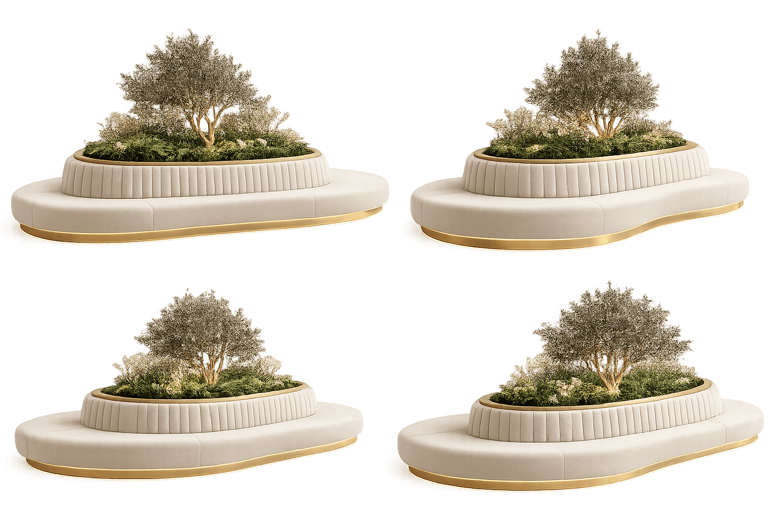 An upholstered, curved seating unit featuring an integrated central planter with an olive tree and green foliage. The seating is finished in a light-colored fabric with channel tufting and gold-finished metal trim. — 3D model