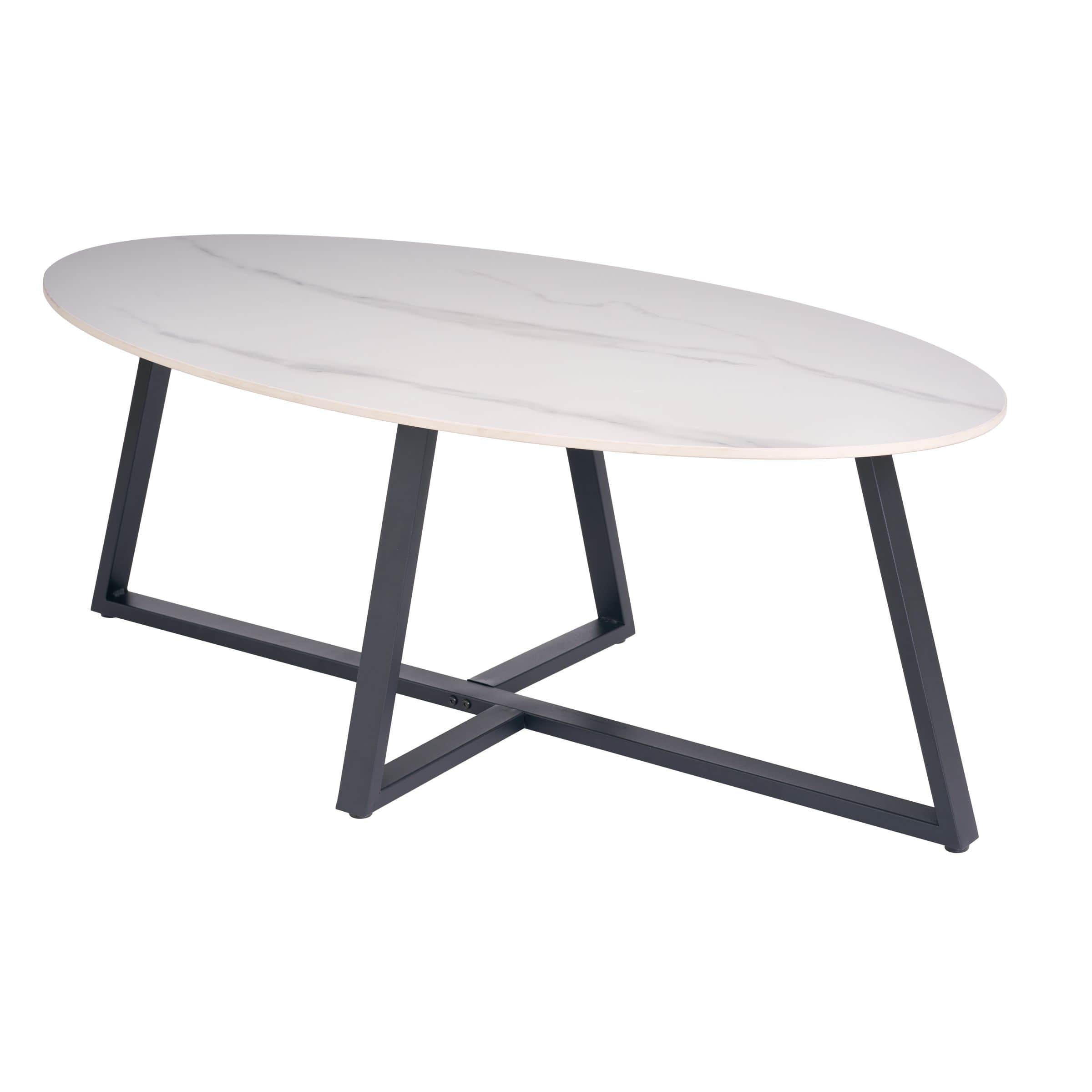 An oval coffee table featuring a white top with a grey faux marble pattern, supported by a matte bla… — free STL 3D model
