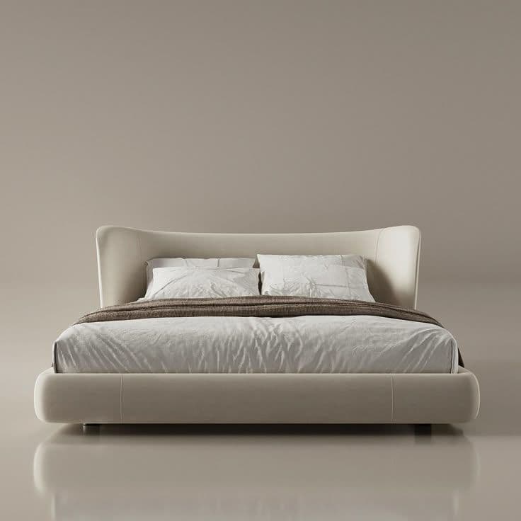 A contemporary upholstered platform bed featuring a low-profile frame and an integrated, gently curved headboard. The entire structure is covered in a light, neutral-toned fabric, giving it a soft and inviting appearance. — 3D model