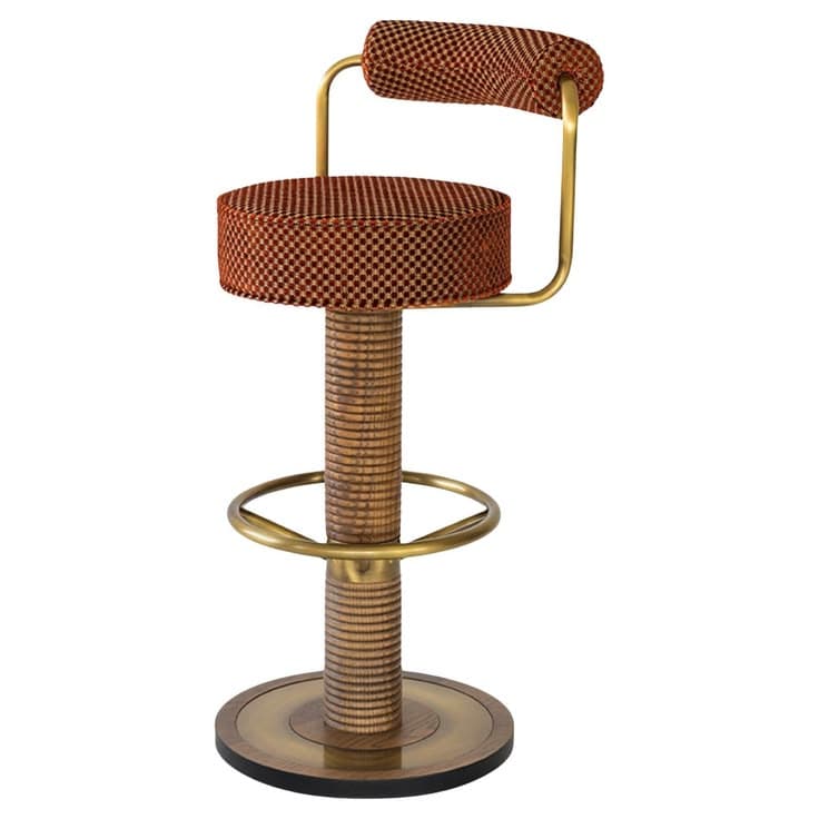A bar stool featuring a cylindrical base, a textured central column, a circular padded seat, and a curved backrest. The stool has a metal footrest ring. — 3D model