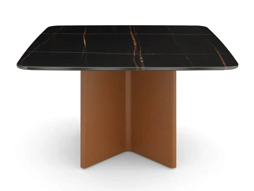 A contemporary square-shaped dining table featuring a black marble top with distinctive gold-copper… — 3D model