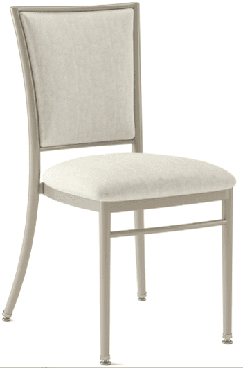 A contemporary dining chair featuring a light beige metal frame and upholstered seat and back in an off-white fabric. The design is minimalist with clean lines and slightly curved rear legs, suitable for modern interiors. — 3D model